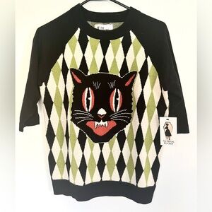 Retro Diamond Cat Knit Sweater, Size Large